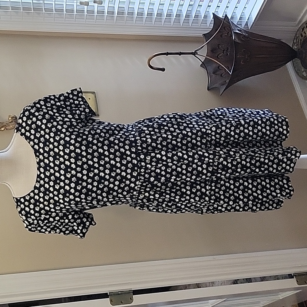 J. CREW navy white gray floral short sleeve dress lined gathered skirt 10 EUC…
